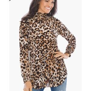 Chico's (3) X-Large Tunic Top Chiffon Leopard Smocked Mock Neck Blouse XL / 16